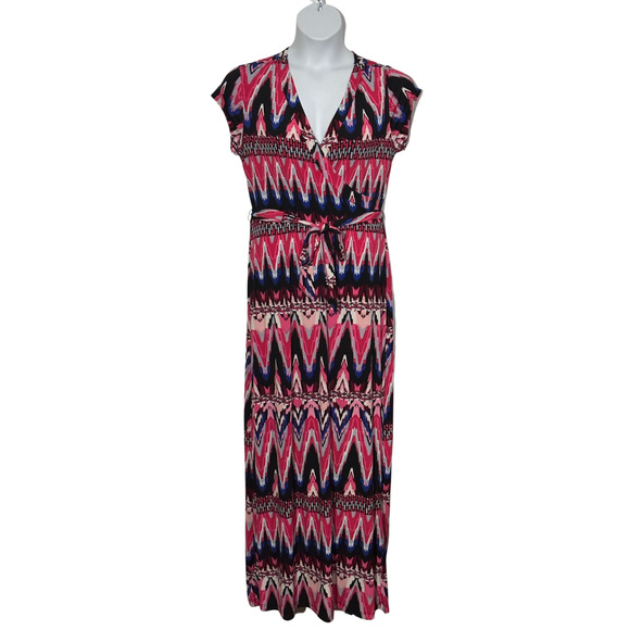 Women's size 16 pink multi colored print long maxi A-line cross front dress - Picture 1 of 4